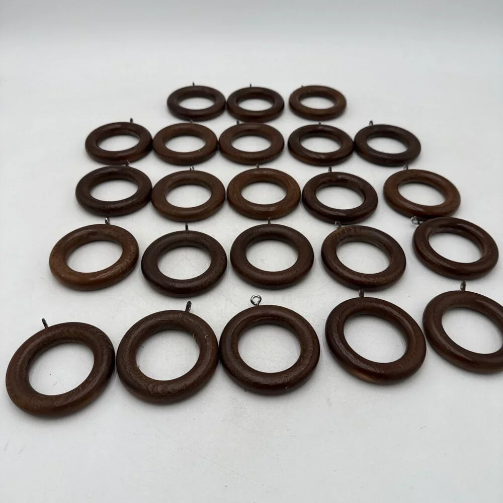 Solid Wood Curtain Rings Lot 23 Brown Drapery Rod Hooks 1.75